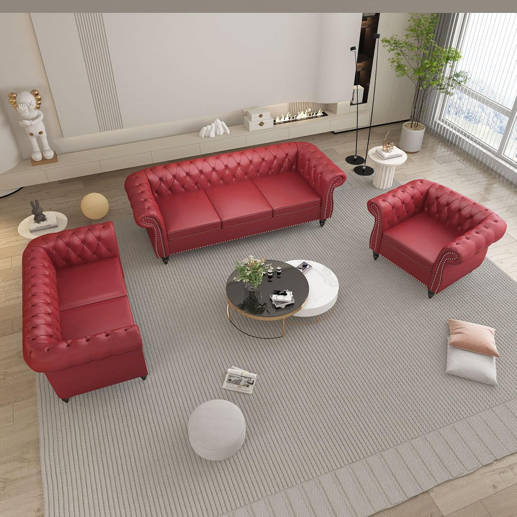 Chesterfield 3 Seater Sofa, Modern Leather Tufted Couch 3 Seater with Rolled Arms and Nailhead Mid-Century Upholstered Couch for Living Room, Bedroom, Apartment and Office, Claret