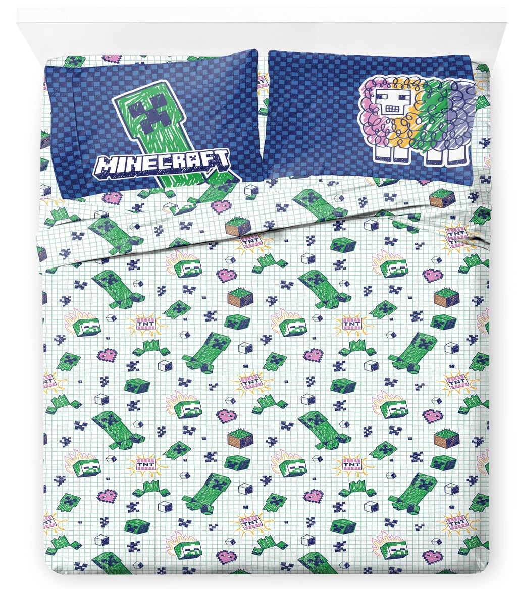 Jay Franco Kids Sheet Set with Fitted, Flat Sheets & Pillow Cover - Ultra-Soft Bedding with Pillowcase for Room Decor, Blue - Minecraft Creeper, 4 Piece Full