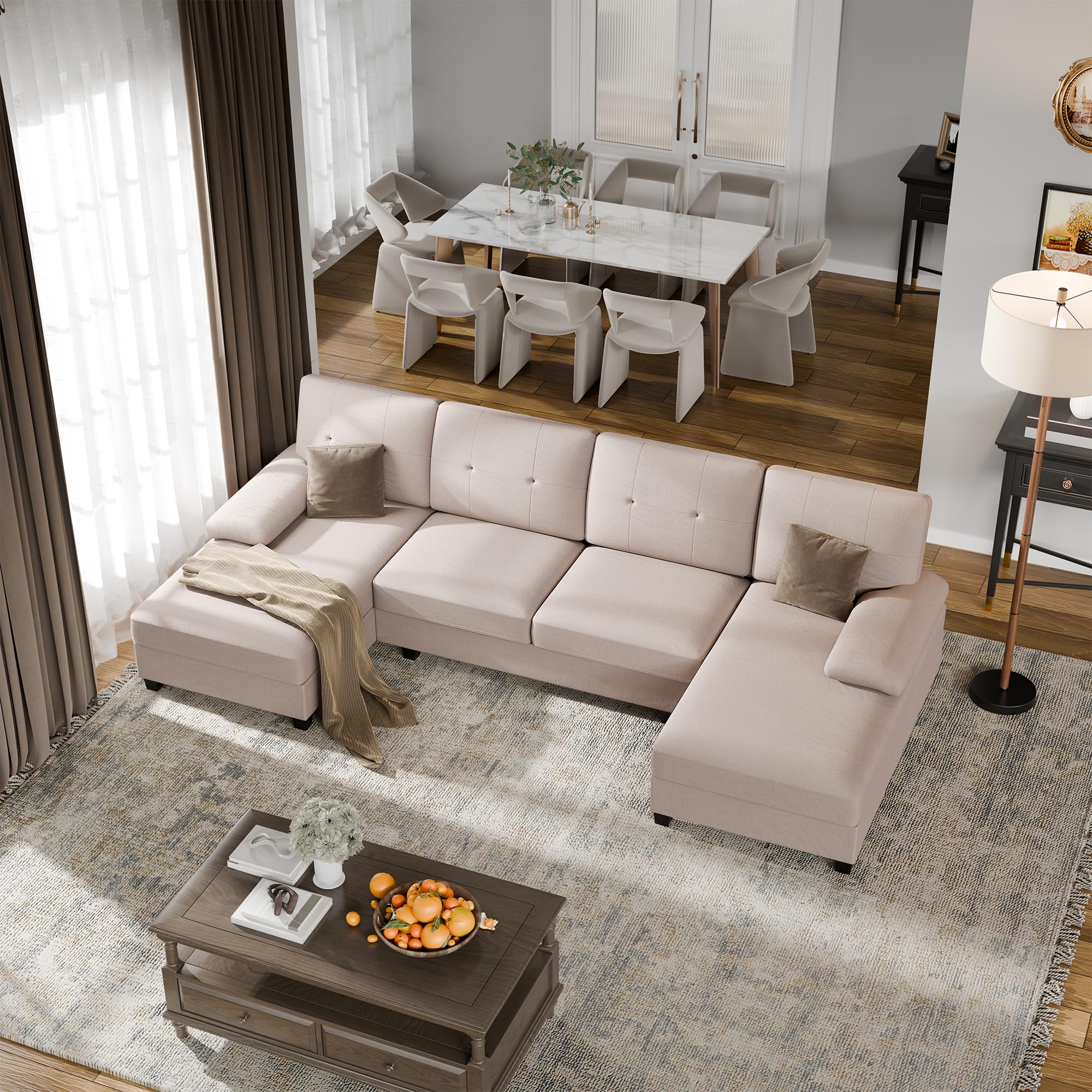 Walsunny Sectional Couches for Living Room, Convertible U-Shaped Sofa Couch with Double Chaise, 4 Seat Sofa Set Modular Sofa Couch for Apartment, Black