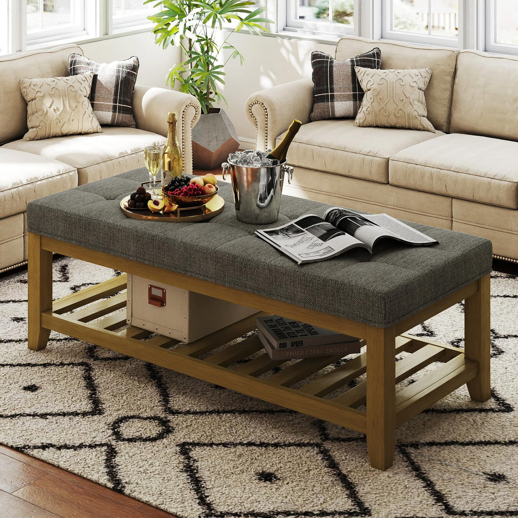 Large Square Ottoman Coffee Table, Linen Solid Upholstered Footrest Ottoman with Solid Wood Shelf Storage Tufted Coffee Table for Bedroom Living Room, Linen