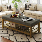 Large Square Ottoman Coffee Table, Linen Solid Upholstered Footrest Ottoman with Solid Wood Shelf Storage Tufted Coffee Table for Bedroom Living Room-Ivory