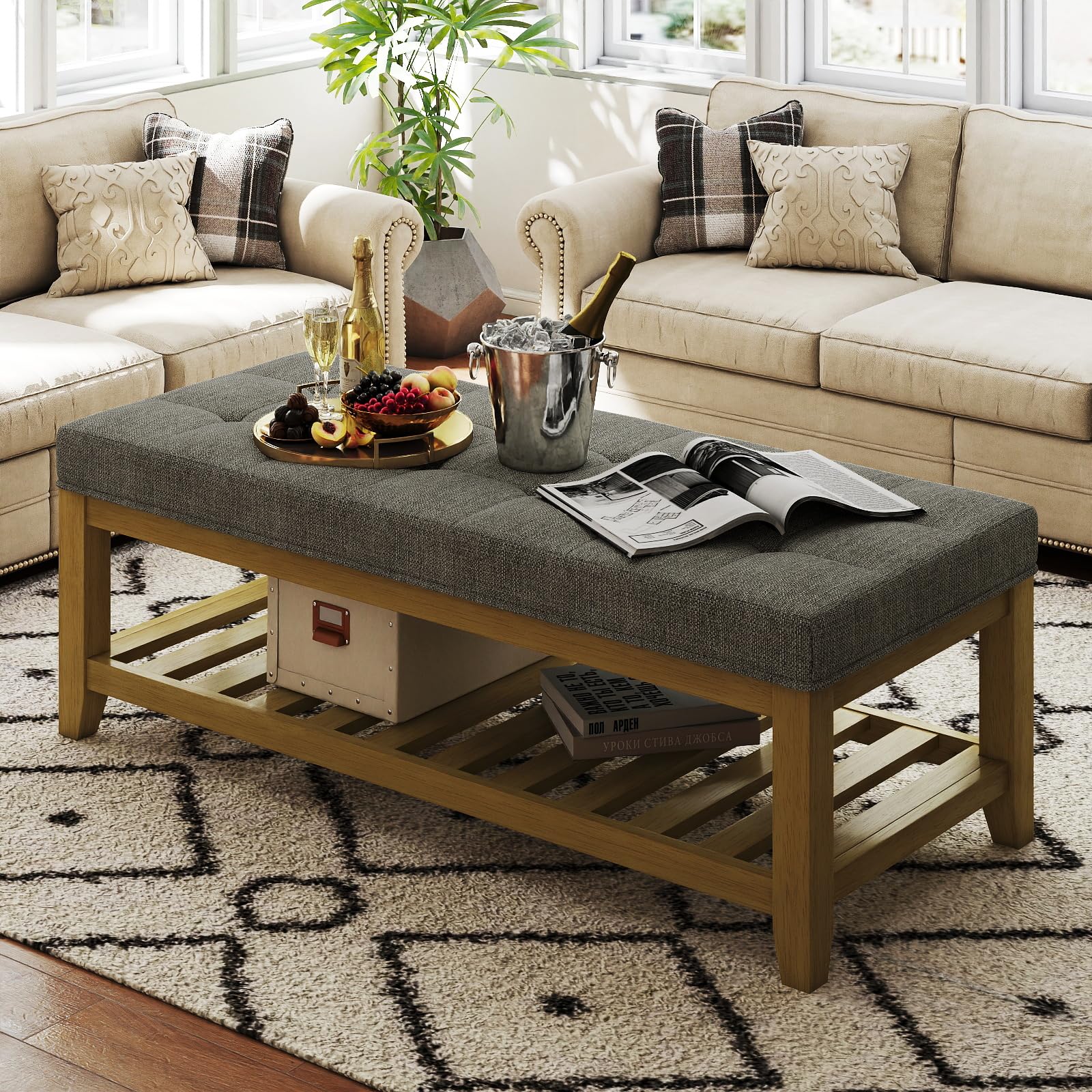 Large Square Ottoman Coffee Table, Linen Solid Upholstered Footrest Ottoman with Solid Wood Shelf Storage Tufted Coffee Table for Bedroom Living Room-Ivory