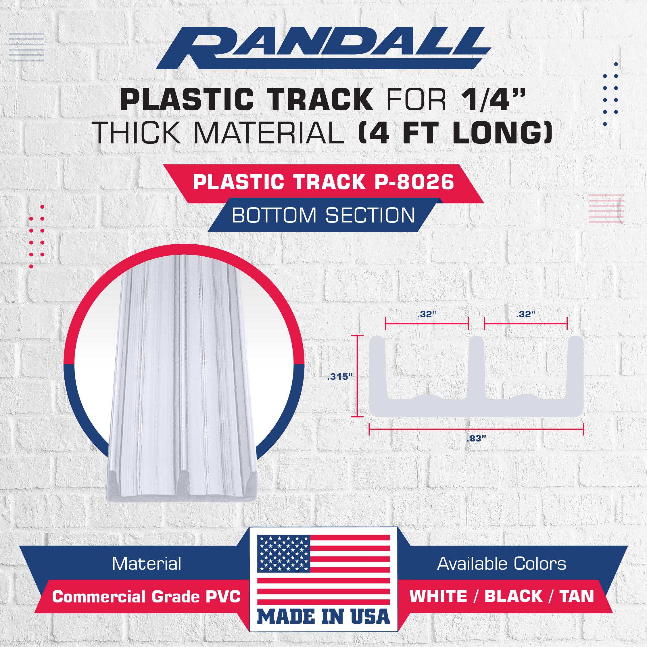 Randall Manufacturing 1/4" Plastic Sliding Door Track (White, 4 FT Long)