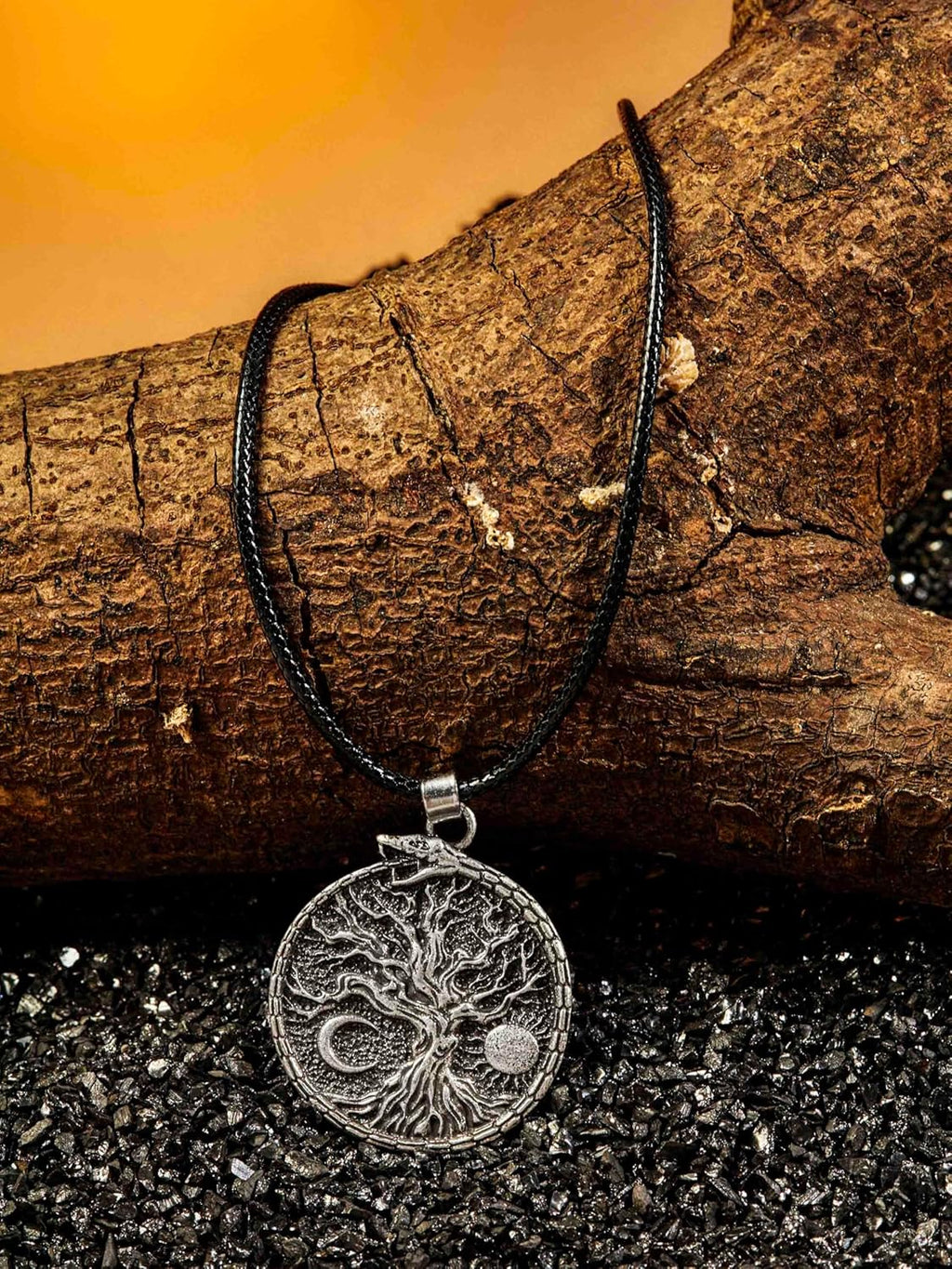 HAQUIL Viking Necklace, Sun Crescent Moon Yggdrasil Ouroboros Jormungandr Midgard Serpent Pendant, Faux Leather Cord, Viking Jewelry Gift
