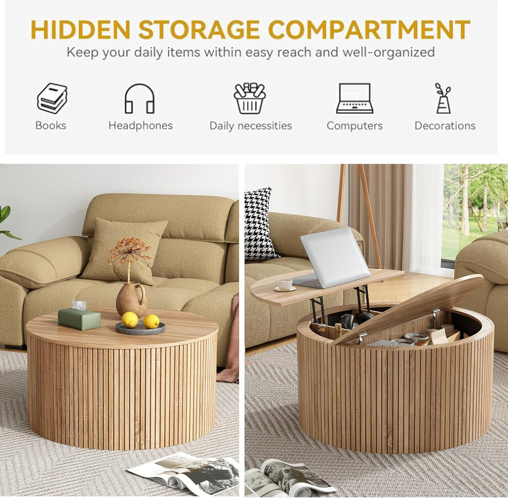 Round Fluted Lift Top Coffee Table, Mid Century Modern Center Table with Storage and Compartment, 2 Tier Small Circle Dining Table, for Living Room, Home Small Space, Natural