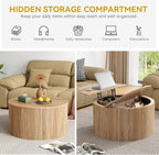 Round Fluted Lift Top Coffee Table, Mid Century Modern Center Table with Storage and Compartment, 2 Tier Small Circle Dining Table, for Living Room, Home Small Space, Natural