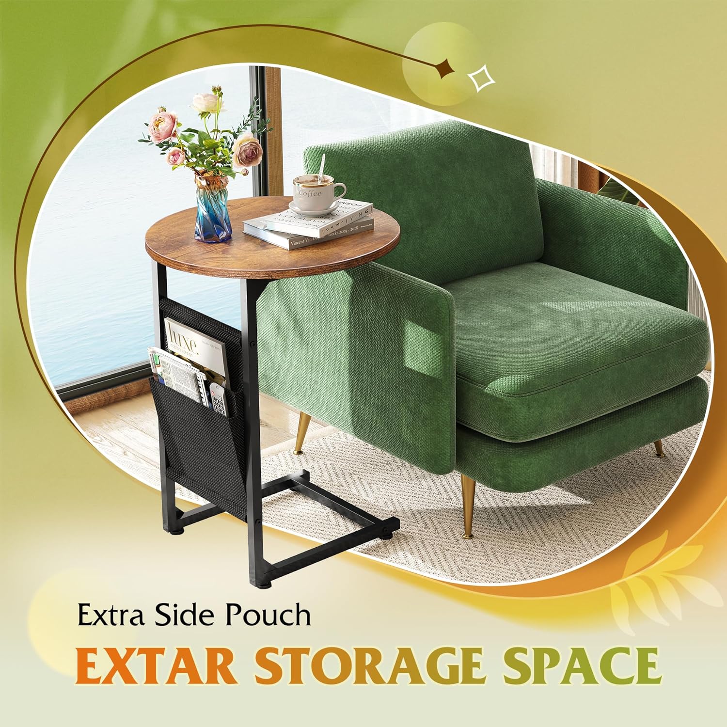 WLIVE Coffee Table, 31.3" and 18.7" Small Coffee Tables for Living Room, Modern Center Table and Side Table Set with Storage Side Pouch for Bedroom, Apartment, Rustic Brown