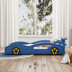 Lit plateforme en forme de voiture de course LUMISOL taille simple, cadre de lit en bois avec roues et barrières de sécurité pour chambre d'enfants, pas besoin de sommier, bleu