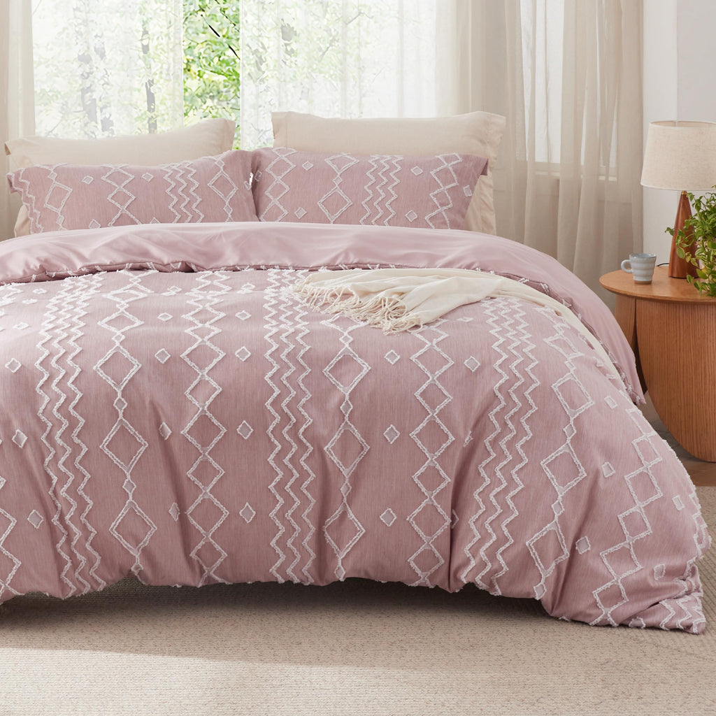 Housse de couette Boho Bedsure - Parure de lit Boho pour toutes les saisons, housse de couette jacquard shabby chic (gris, géométrique, king size, 104"x90")