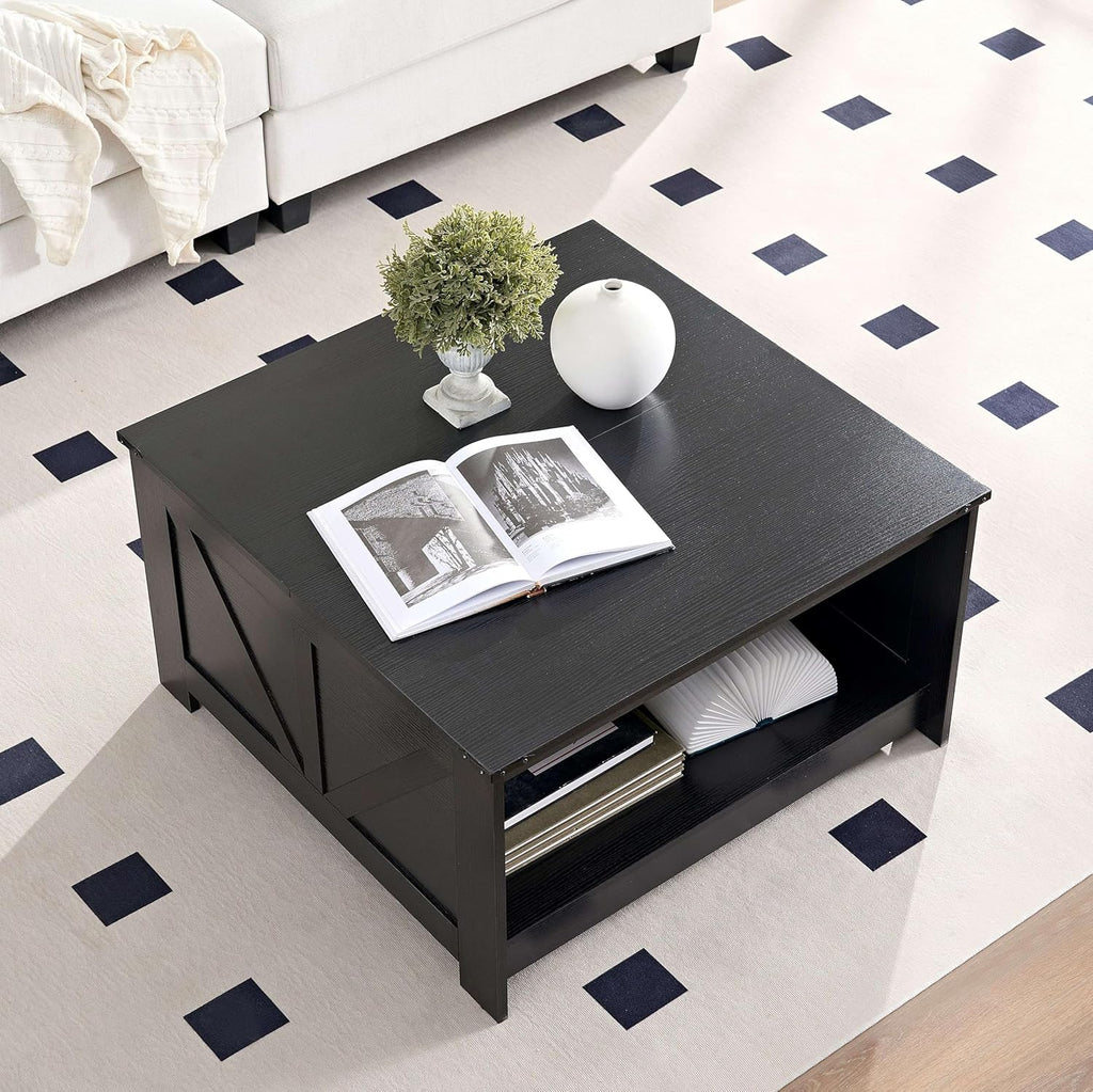 Farmhouse Coffee Table for Living Room, Wood Square Coffee Tables, 31.5" W x 31.5" D, Black