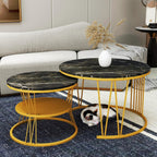 Round Nesting Coffee Tables Set: Black Gold Marble Coffee Table Set of 2 - Modern Metal Stacking Side Table for Living Room Small Spaces