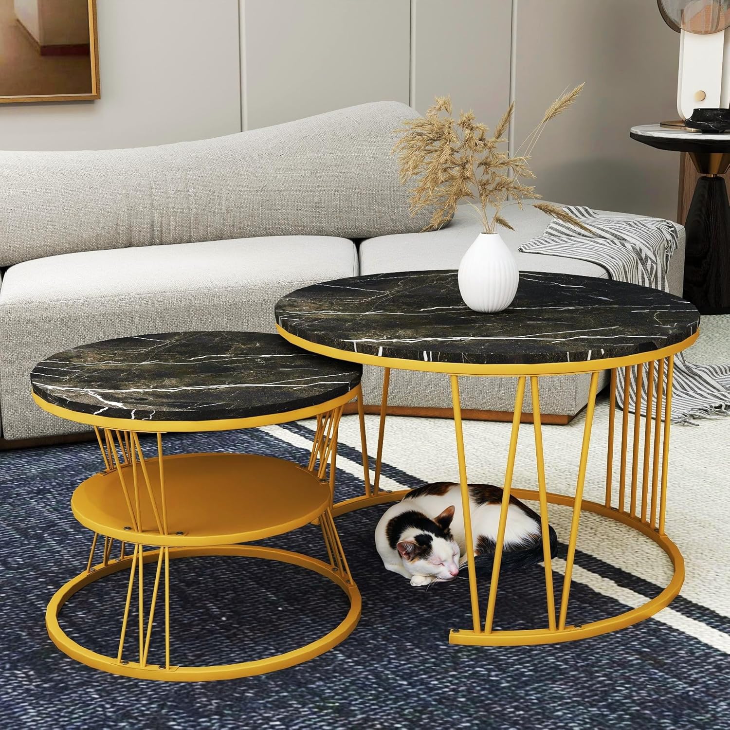 Round Nesting Coffee Tables Set: Black Gold Marble Coffee Table Set of 2 - Modern Metal Stacking Side Table for Living Room Small Spaces