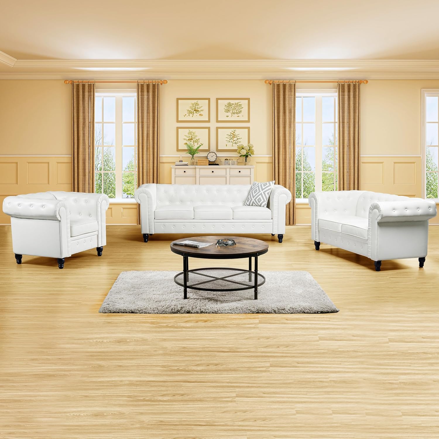 Emery Chesterfield 3 Piece Living Room Sectional Sofa Set Rolled Arms, Tufted Cushion Sofas for Living Room Set Includes Sofa, Loveseat Couch, Accent Arm Chair / Easy Tool-Free Assembly – Off White