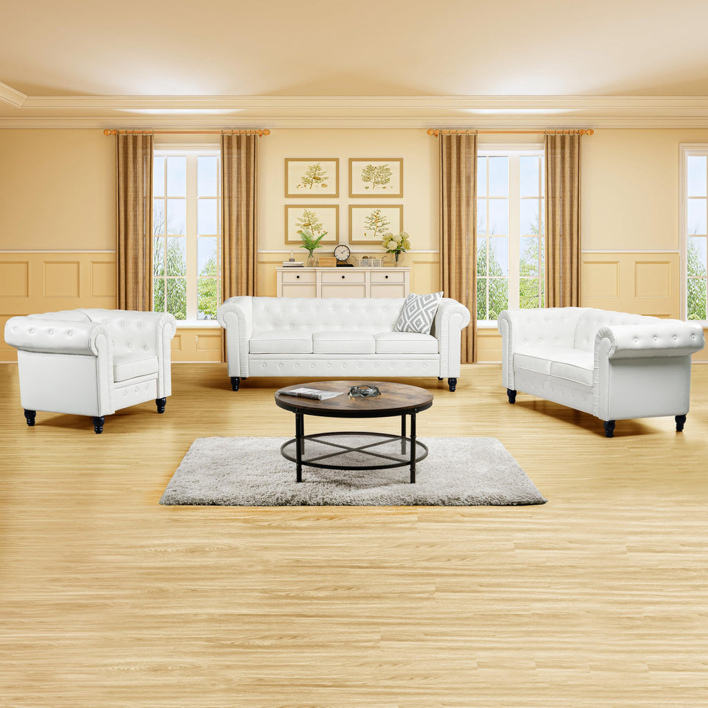 Naomi Home Emery Chesterfield Sofa with Rolled Arms, Tufted Cushions / 3 Seater Sectional Sofa Couch for Small Spaces, Living Room, Bedroom, Apartment Easy Tool-Free Assembly – Off White