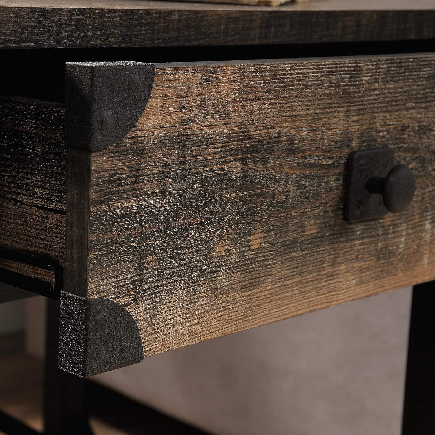 Sauder Steel River Side Table, L: 22.44" x W: 21.65" x H: 23.11", Carbon Oak Finish