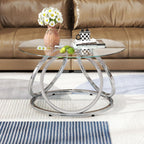 O&K FURNITURE Silver Coffee Table, Modern Glass Coffee Table Living Room Table with Ring-Shaped Frames, Glass Coffee Table for Home&Office, Chrome Finish, 1 PC