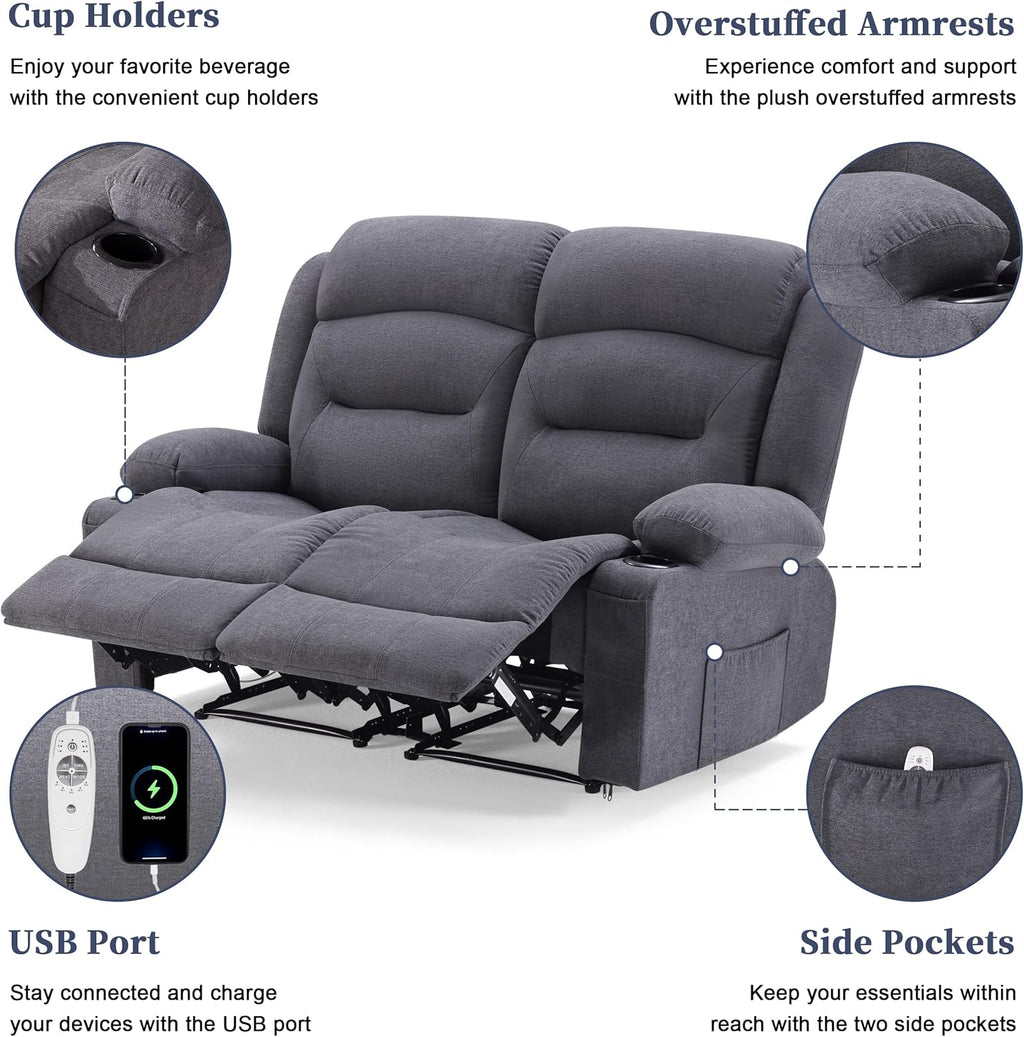 Oversized Recliner Loveseat with Heat and Massage, Wall-Hugger Reclining Sofa with Cup Holders and USB Port, Big Large 2-Seater Double RV Recliner Loveseat for Living Room (Fabric, Grey)