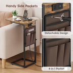 Vagusicc C Shaped End Table with Charging Station, Adjustable Height Side Table for Couch, Small Sofa Table with Storage Bag, Slide Under Sofa TV Tray Snack Arm Tables for Living Room, Bedroom, Brown