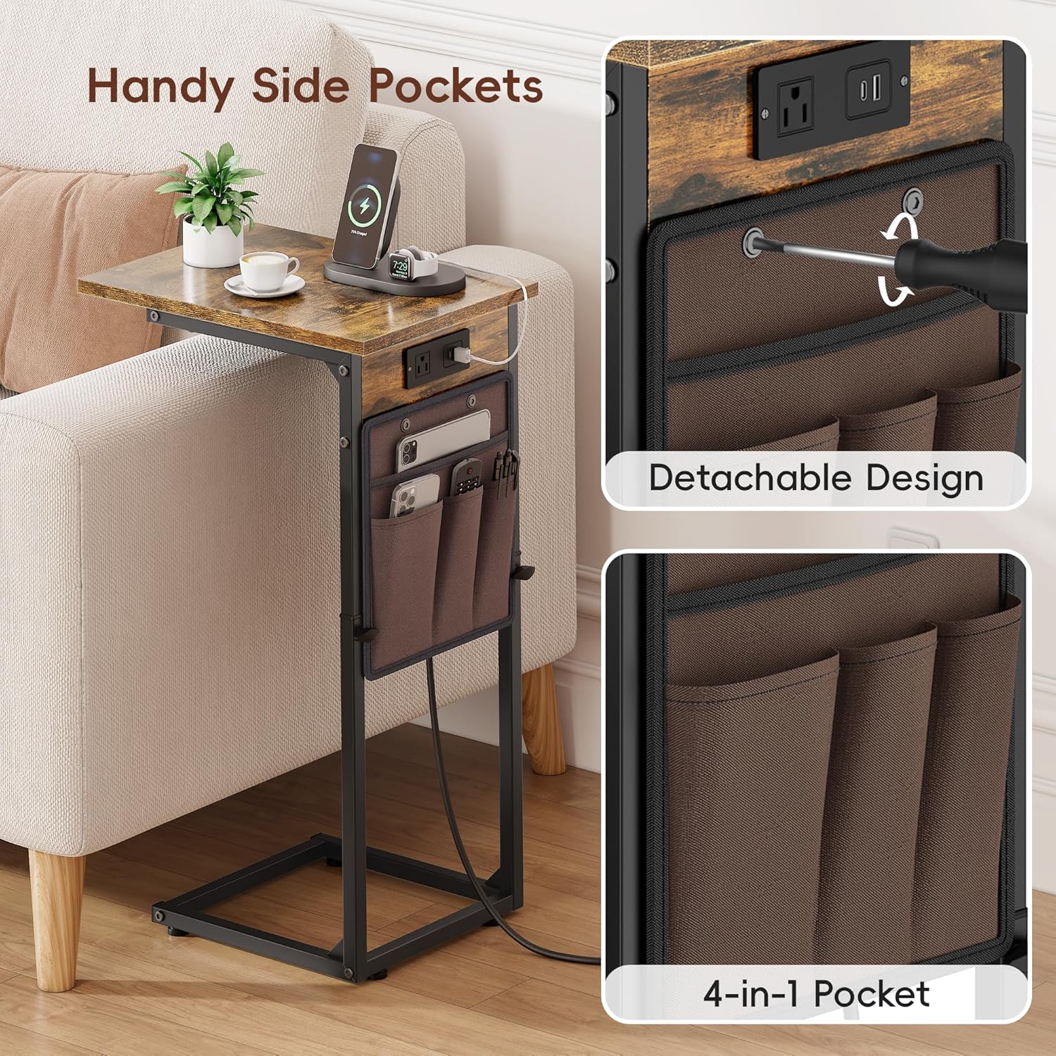 Vagusicc C Shaped End Table with Charging Station, Adjustable Height Side Table for Couch, Small Sofa Table with Storage Bag, Slide Under Sofa TV Tray Snack Arm Tables for Living Room, Bedroom, Brown