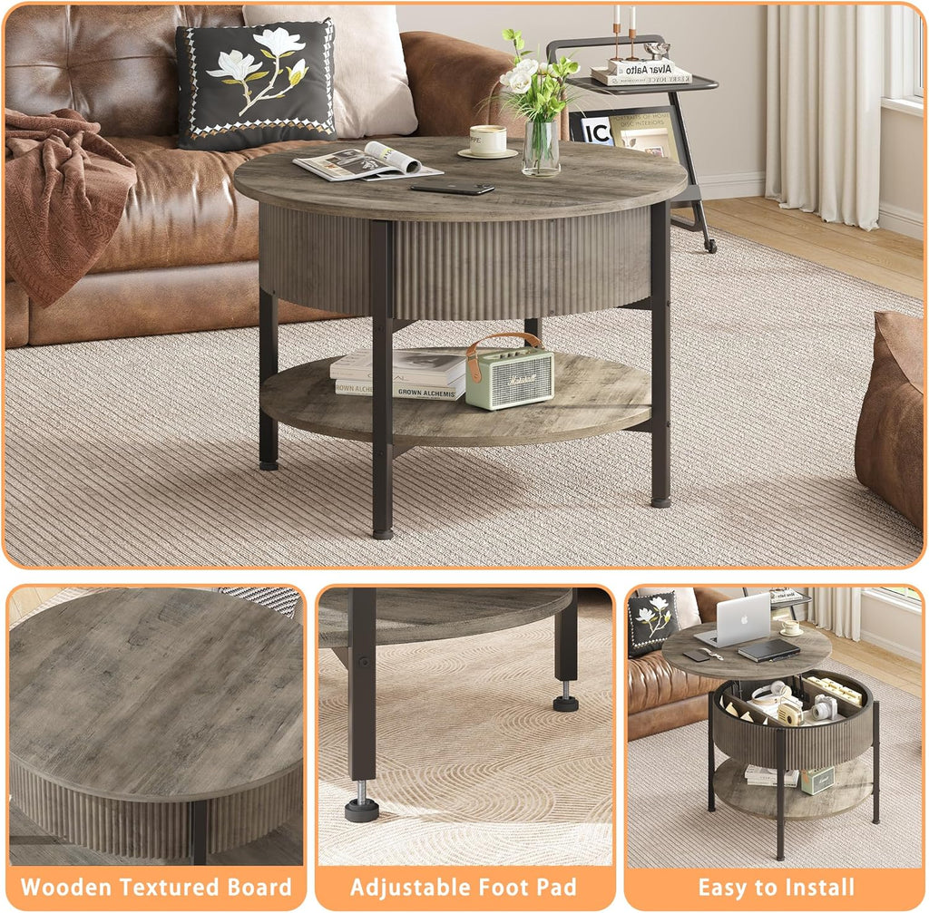 Small Round Coffee Table with Fluted Panel, Lift Top Coffee Table with Hidden Compartment and Open Shelf, Modern Lift Tabletop Dining Central Table for Living Room, Home Office, Grey