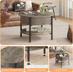 Small Round Coffee Table with Fluted Panel, Lift Top Coffee Table with Hidden Compartment and Open Shelf, Modern Lift Tabletop Dining Central Table for Living Room, Home Office, Grey