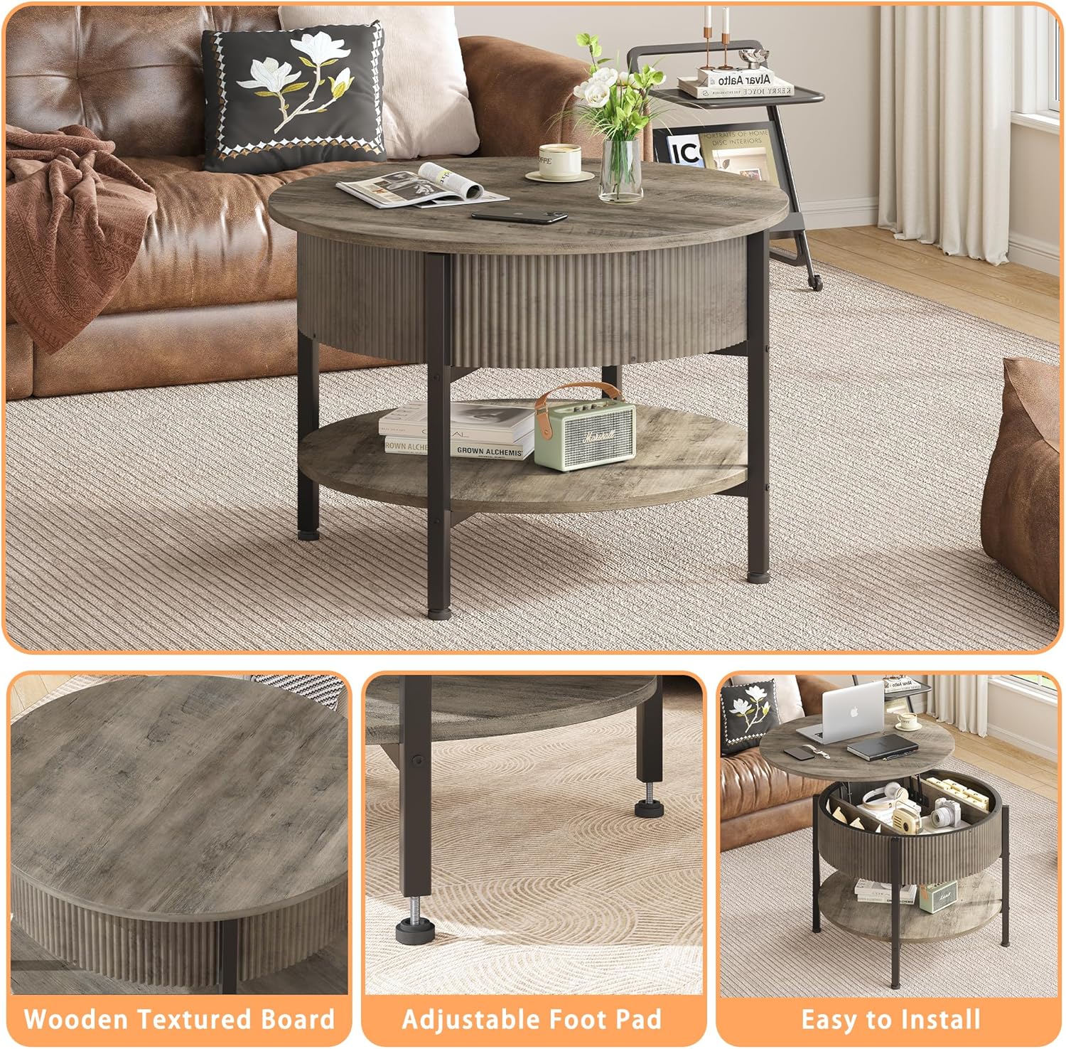 Small Round Coffee Table with Fluted Panel, Lift Top Coffee Table with Hidden Compartment and Open Shelf, Modern Lift Tabletop Dining Central Table for Living Room, Home Office, Grey