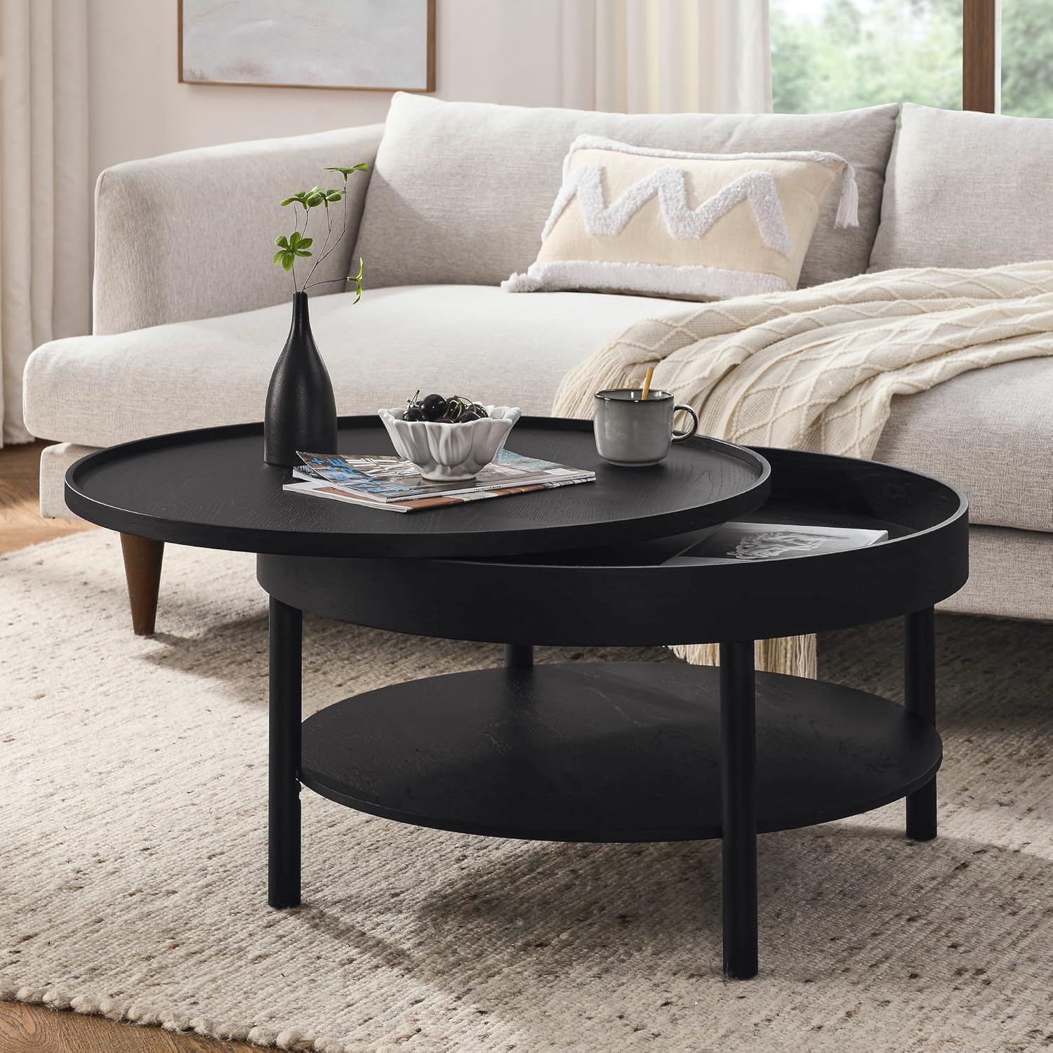 Circular Coffee Table, Living Room Table with 3-Layer 31.5 Inch Storage Rotating Tabletop, 3-Layer Tea Table Made Entirely of Rubber Wood and MDF Board (Black, 31.5"x31.5"x17.75)