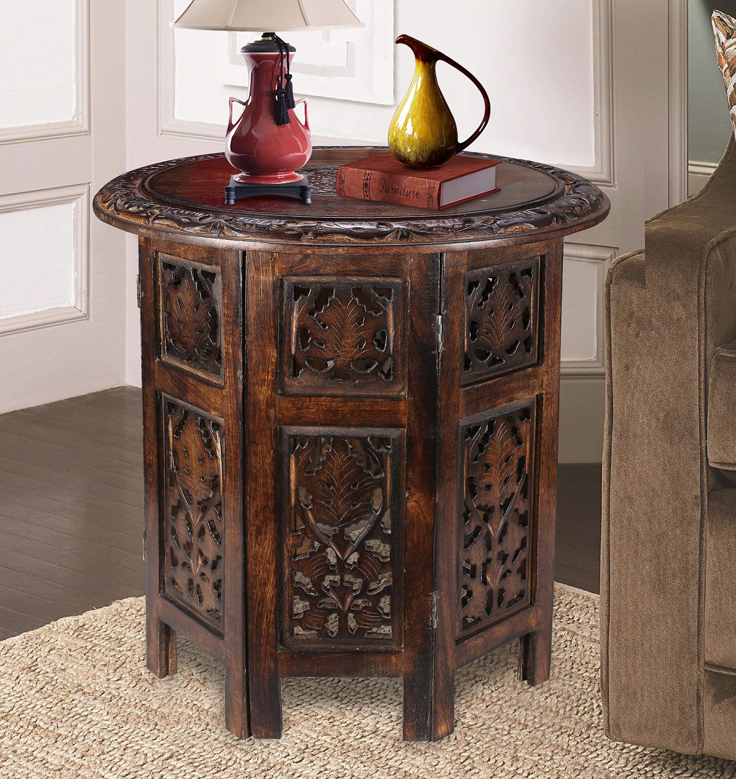 Wooden End Table for Living Room - 18x22 Burnt Finish Carved Side Table, Single Pillar Nightstand, Bedside Table for Books, Plants, Magazines, Small Space Accent Table