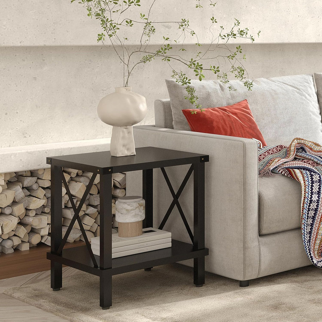 Large End Table Farmhouse Side Table Industrial Style Sofa Table Coffee Table Metal X Accent Wood End Table NightStand with Storage Shelf for Living Room Bedroom Black MLBZ16B