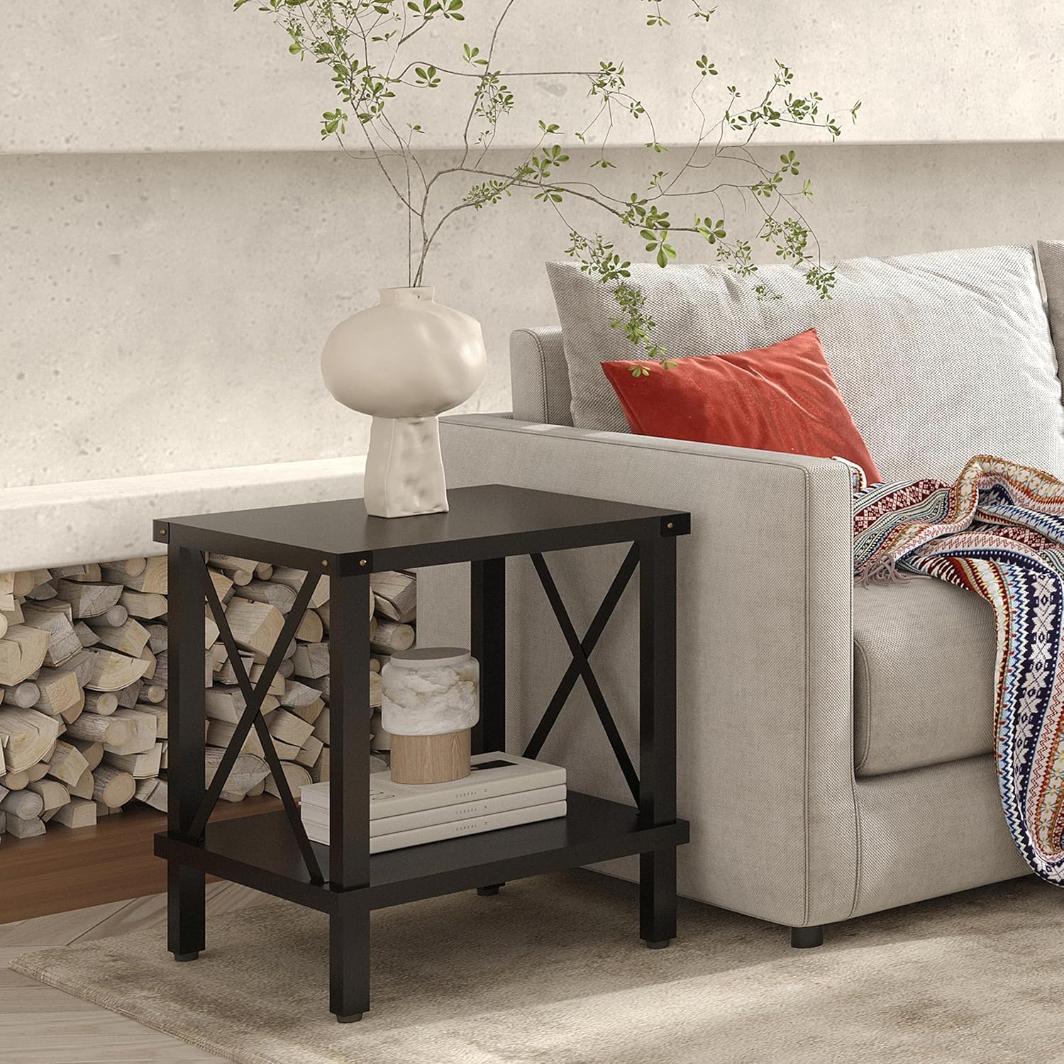 Large End Table Farmhouse Side Table Industrial Style Sofa Table Coffee Table Metal X Accent Wood End Table NightStand with Storage Shelf for Living Room Bedroom Black MLBZ16B