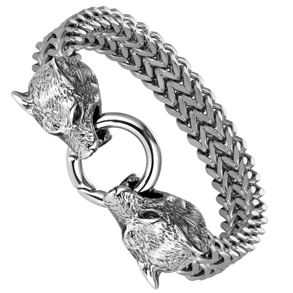 Bold Men’s Biker Bracelet – Skull, Wolf, and Foxtail Chain Designs in Polished Silver & Black Genuine Leather – Rust & Discoloration Resistant Stainless Steel – Jewelry Gift or Accessory for Men