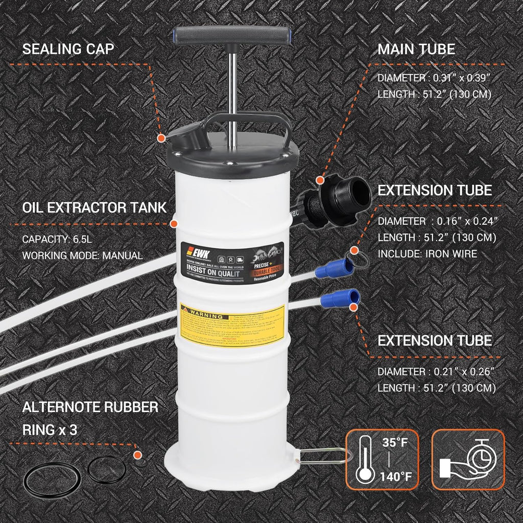 EWK 6.5L Manual Oil Extractor Pump for Oil Change, Fluid Evacuators for Cars, Boats, Jet Skies, Lawnmowers, Quick Oil Drain in 10 Pumps
