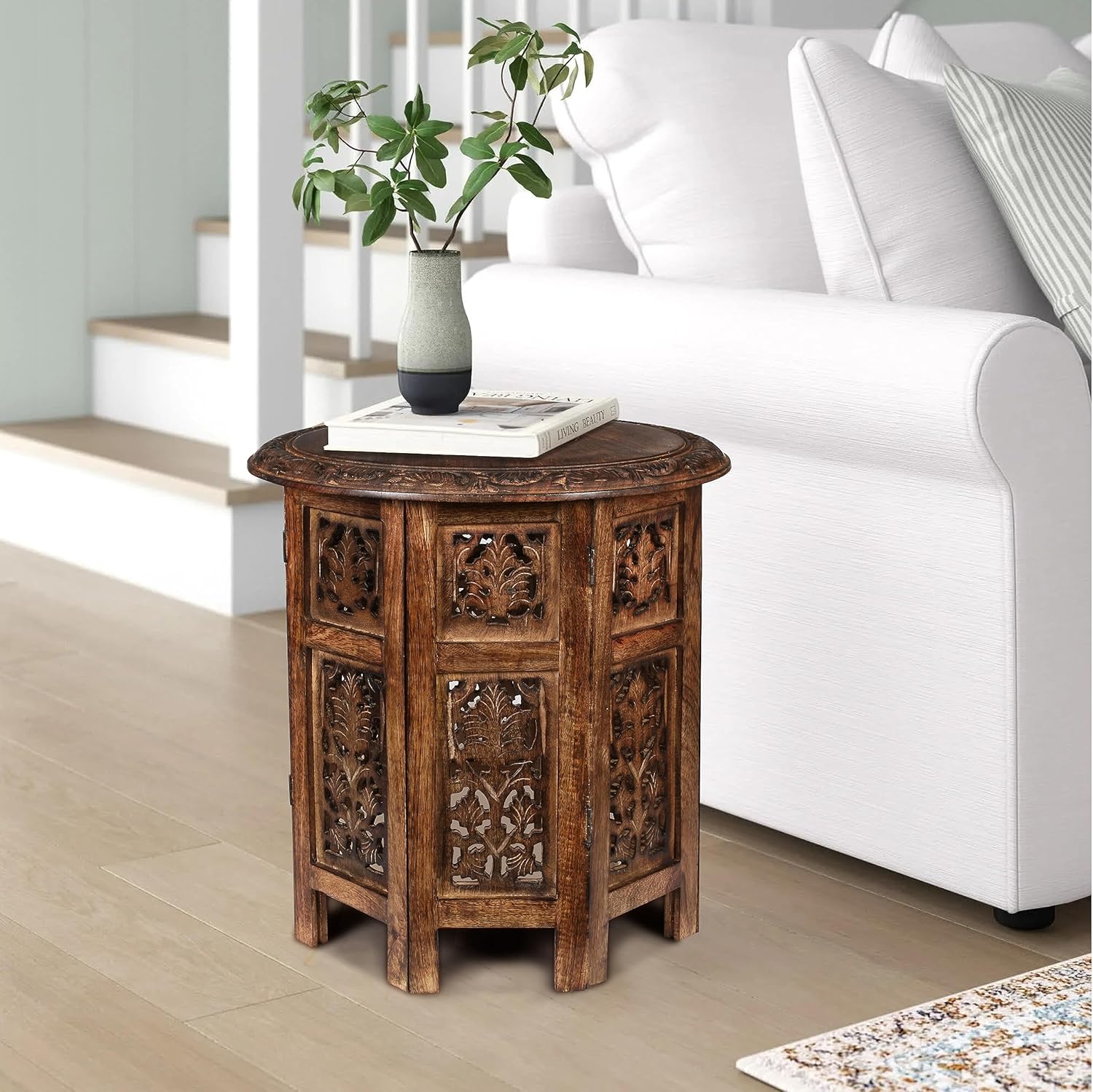 Lightnpro Elegant Handcrafted Wooden End Table - Unique 18x18 Inch Octagonal Design, Burnt Antique Finish - Vintage Accent Table for Living Room, Bedroom & Entryway Home Décor