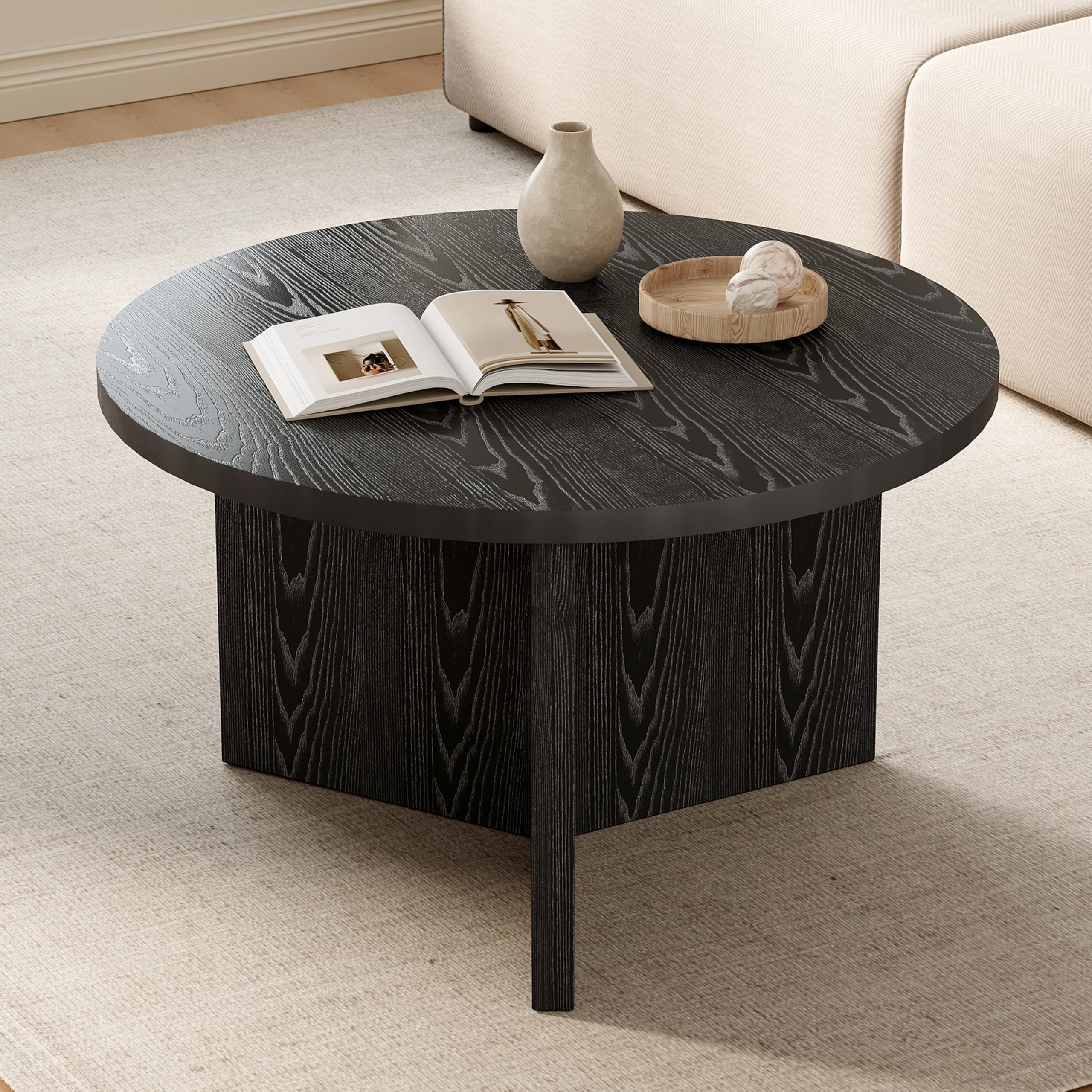 Luoxiao 27.5'' Coffee Table for Small Space, Minimalist Modern Table for Living Room, Durable & Sturdy Small Round End Table with Adjustable Feet Pads, Black