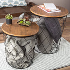 Set of 3 Living Room Tables - Metal Basket Storage with Removable Lids - 2 Small Side and 1 Large Accent Table by Lavish Home (Brown/Black)