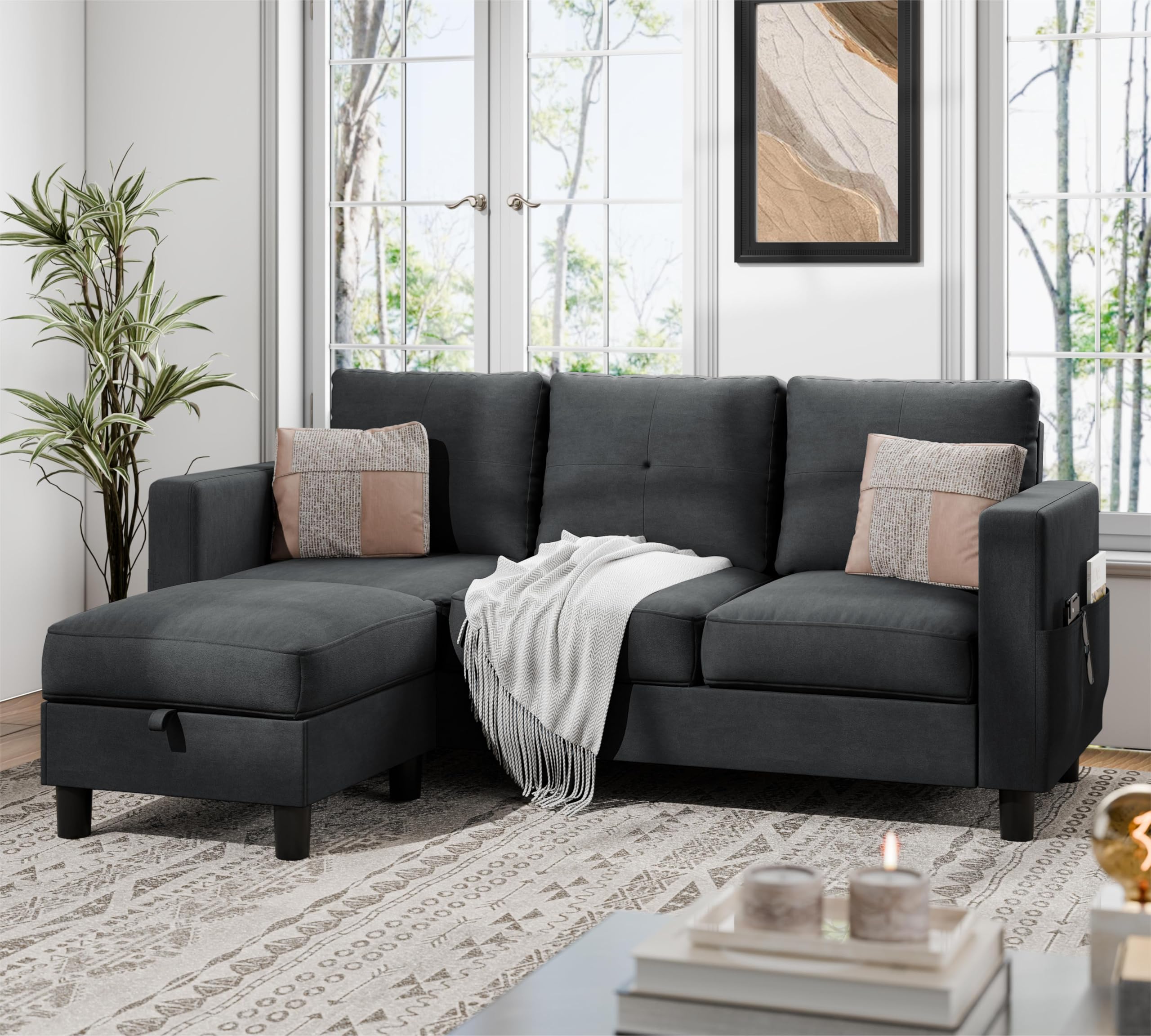 JAMFLY Sectional Sofas Couches for Living Room, L Shaped Couch with Storage Sofa Set, Small Couches for Small Spaces with Movable Ottoman, Dark Grey