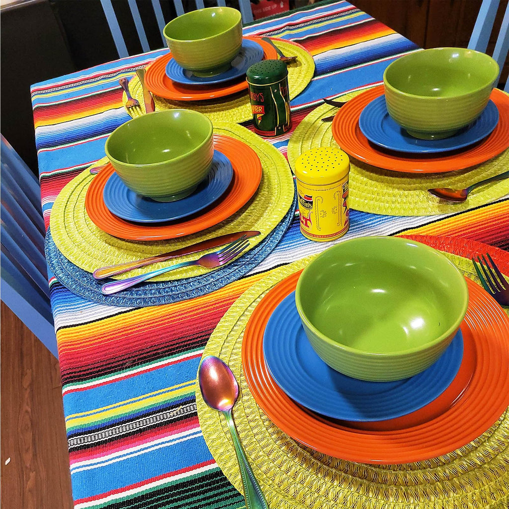 AerWo Mexican Tablecloth 60 x 85, Mexican Serape Blanket with Tassels for Fiesta Party Cinco De Mayo Decorations, Rectangle Woven Stripe Tablecloth, Outdoor Picnic Blankets Dining Table Cover