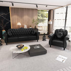 AVZEAR 82" Three Seater Leather Sofa, Chesterfield Sofa, Mid-Century Modern PU Upholstered Sofa Couch, Deep Button Tufted Living Room Sofa with Two Throw Pillows, Black