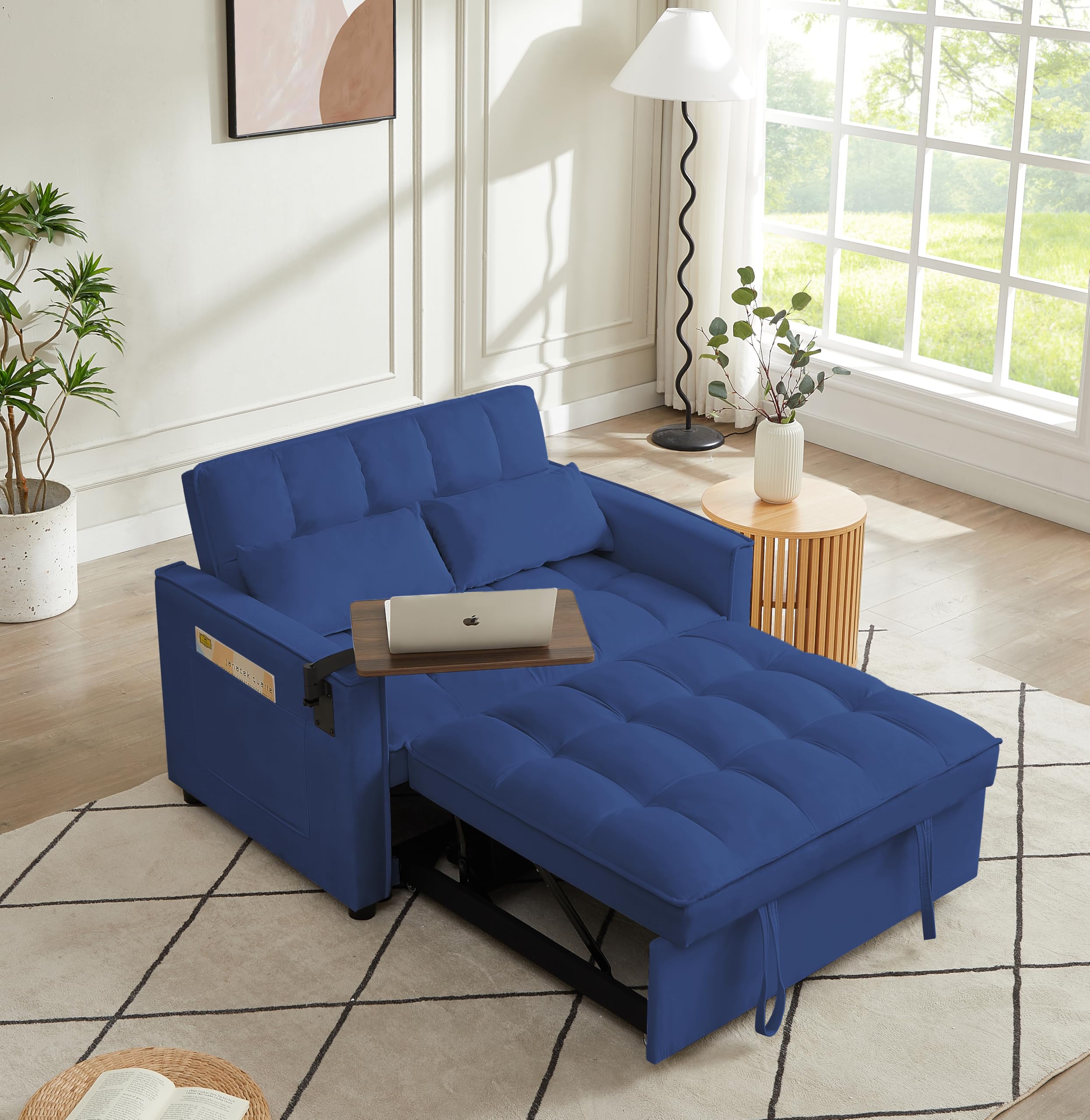 65'' 3-in-1 Folding Convertible Sofa Bed, Pullout Sofa, Modern Chenille Fabric, 360° Swivel Side Table, Easy Assembly, Perfect for Living Room, Black