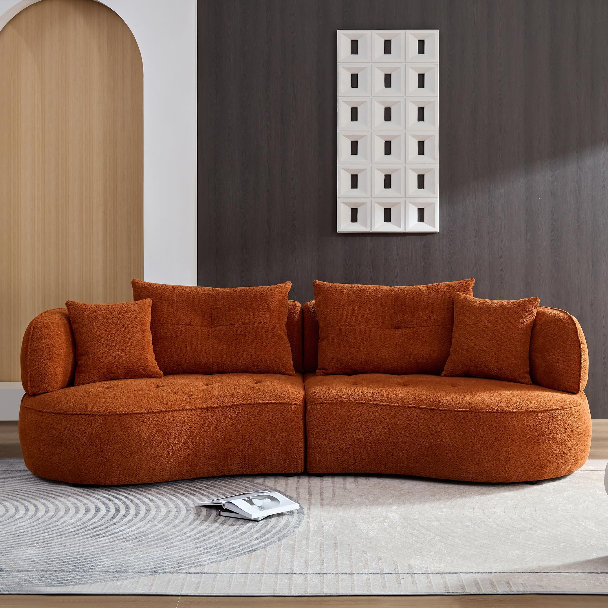 Modular Sectional Sofa,110” Modern Curved Sofa Couch,4 Seats Boucle Fabric Tufted Upholstered Sofas with 4 Pillows,Comfy Deep Seat Solid Wood Frame Couches for Living Room Bedroom Office Small Spaces