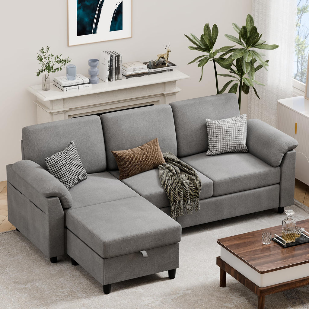 Vongrasig 79" Convertible Sectional Couch Sofa with Storage Ottoman, 3 Seat L Shaped Couch with Side Storage Pockage, Linen Fabric Small Couches for Living Room, Apartment and Small Space, Black