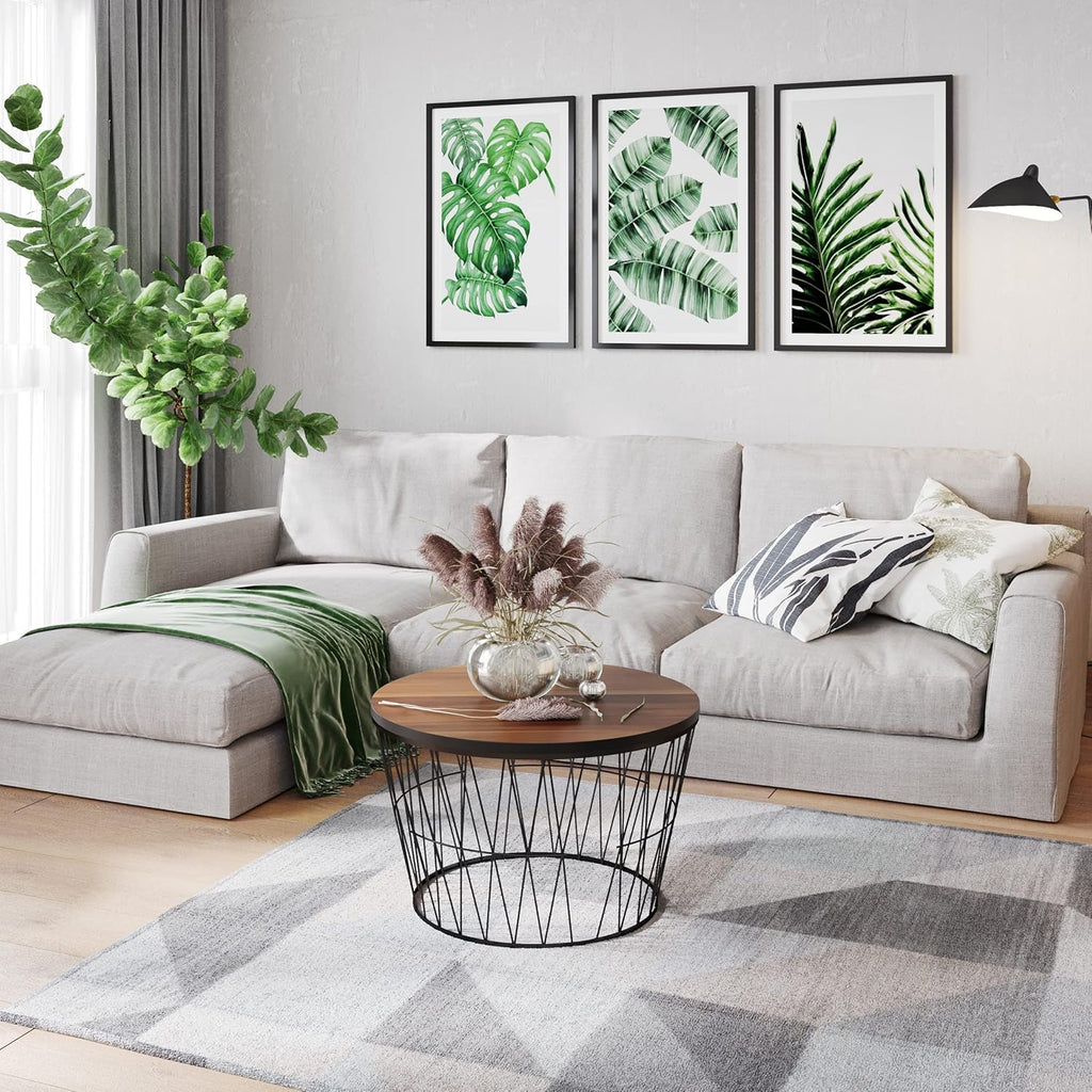 Lavish Home Round Coffee Table with Geometric Metal Base - Small Modern Accent Furniture for Living Room - Mid-Century Coffee Table (Brown/Black)