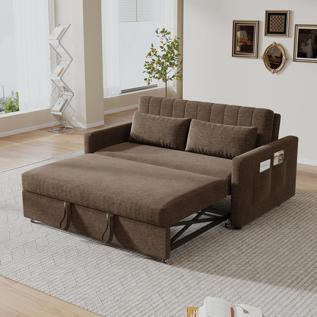 55'' Sofa Bed, Pull Out Sleeper Sofa Couch Bed, Loveseat Couch Bed, Futon Sofa Bed with Side Pocket, Convertible Sofa Bed for Living Room, Apartment, Bedroom, RV, Brown