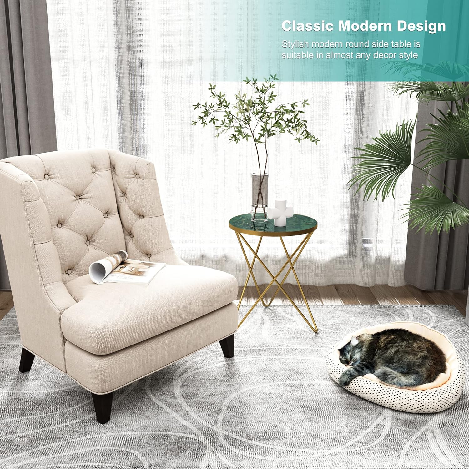 HLR Modern Round Side Table, End Table with Marble Effect Top and Gold Metal Frame, Small Side Table for Living Room, Bedroom, Sofa and Couch, Gold Legs, Green Marble top