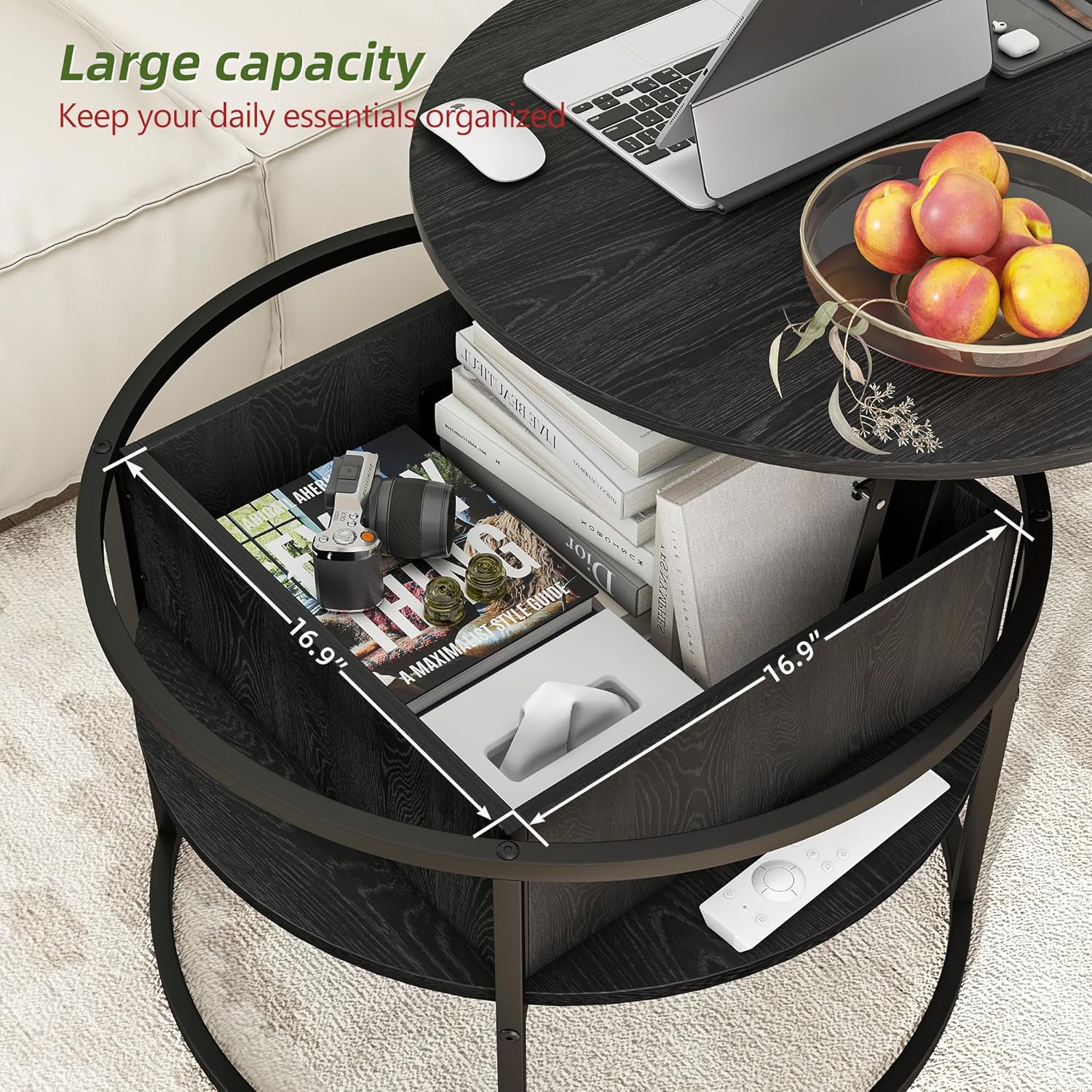 HOJINLINERO Round Lift Top Coffee Table,Coffee Tables Living Room,Black Coffee Table with Storage Hidden Compartment,Wood Farmhouse Coffee Table Decor,Center Table for Living Room,Modern Coffee Table