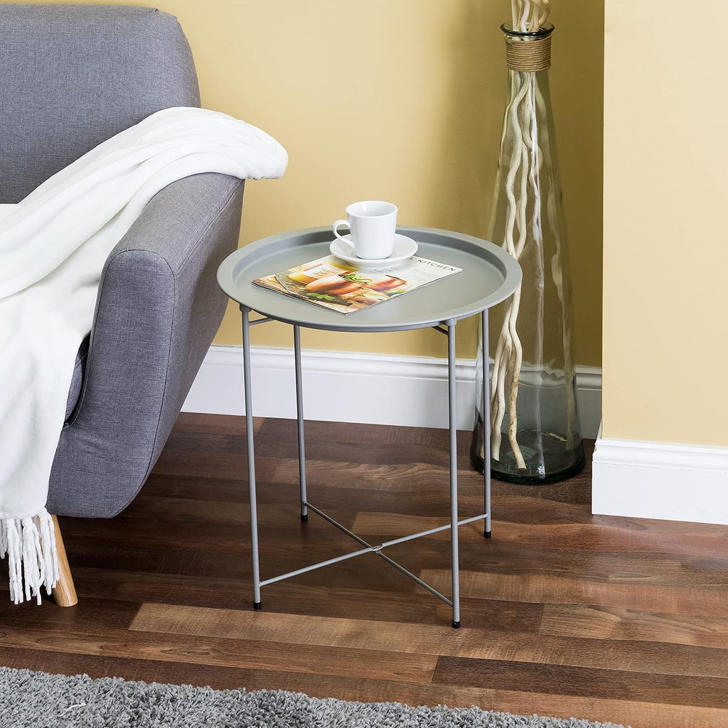 Home Basics , Matte Grey Foldable Round Multi-Purpose Metal Side Accent, Coffee, End Table for Bedroom, Living Room