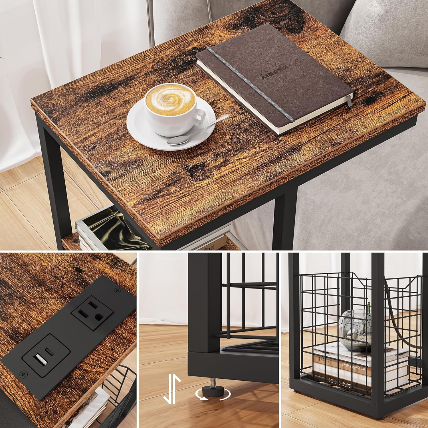 Vagusicc C Shaped End Table with Charging Station, Side Table for Couch, Small Side End Table for Small Spaces, 28" High Slide Under Sofa Table for Coffee, Tv Tray Table for Living Room, Rustic Brown