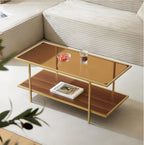 Modern Rectangle Glass Coffee Table with Amber Glass Top, Rectangle Glass Table for Living Room, L41''×W19''×H18'', Gold Table Legs Structure & Amber Glass Top