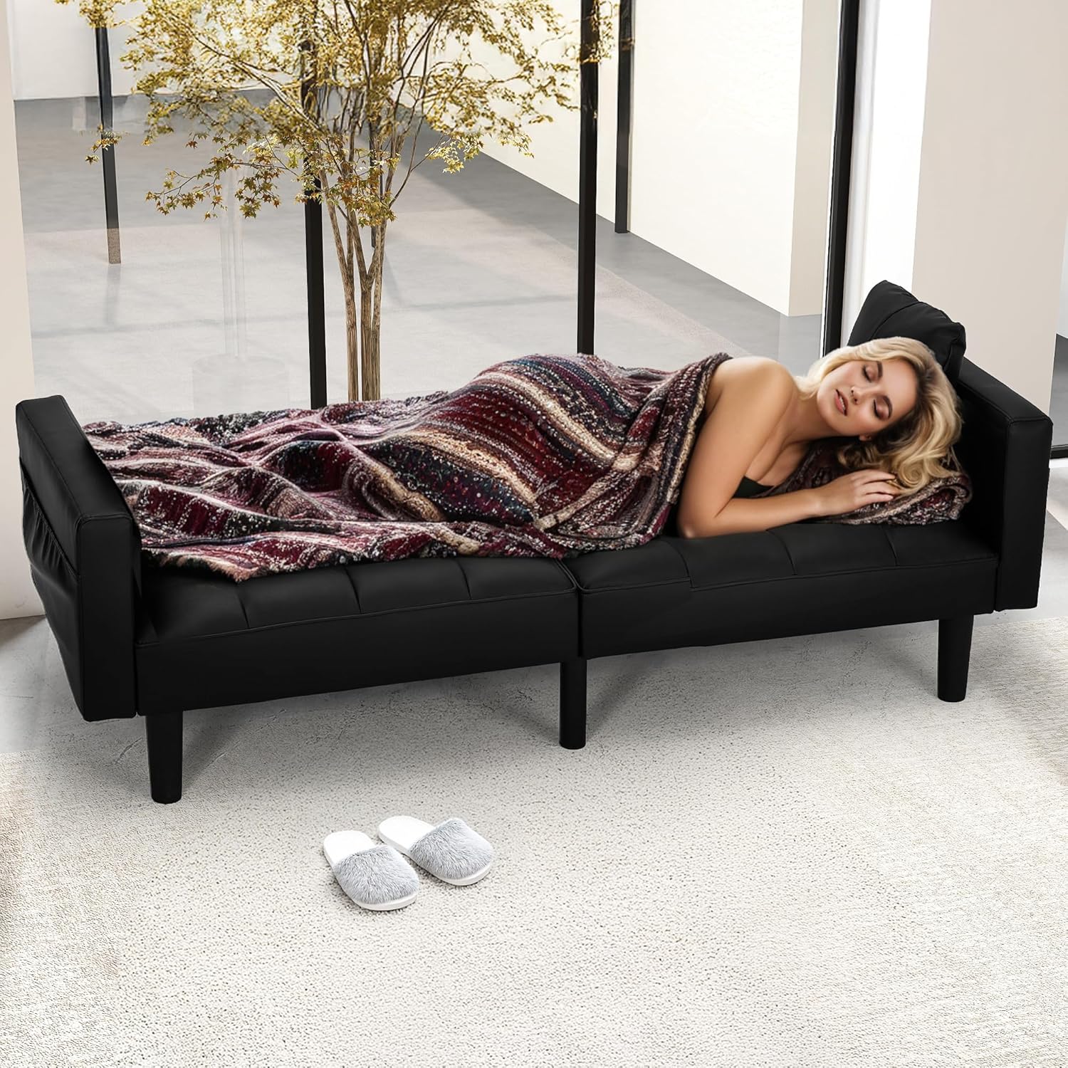 ECOTOUGE Faux Leather Futon Couch, Convertible Sofa Bed with Adjustable Back, Modern Sleeper Sofa for Living Room, Black