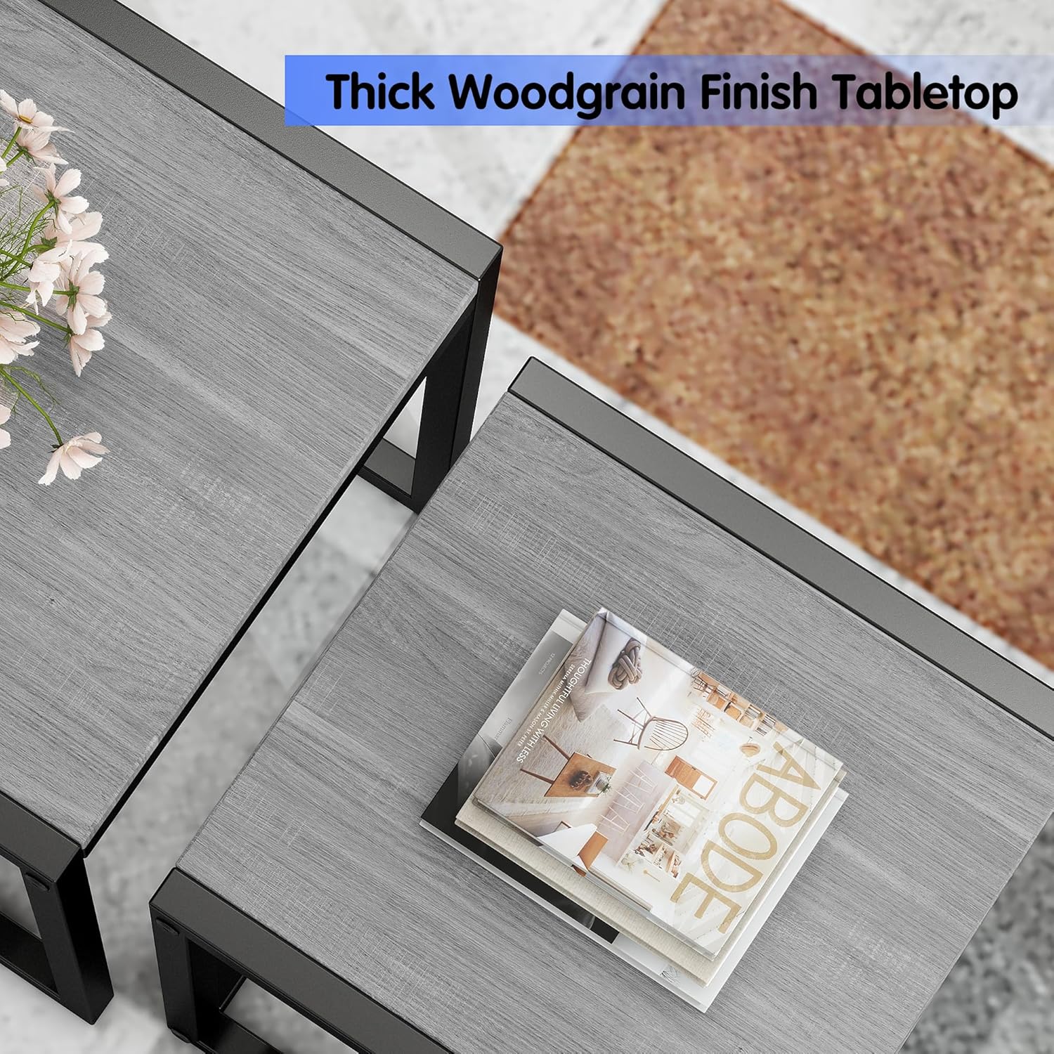 Nesting Table Set of 3 Side Tables, Modern Coffee Table Stacking End Table with Metal Frame (A-Square, Grey)
